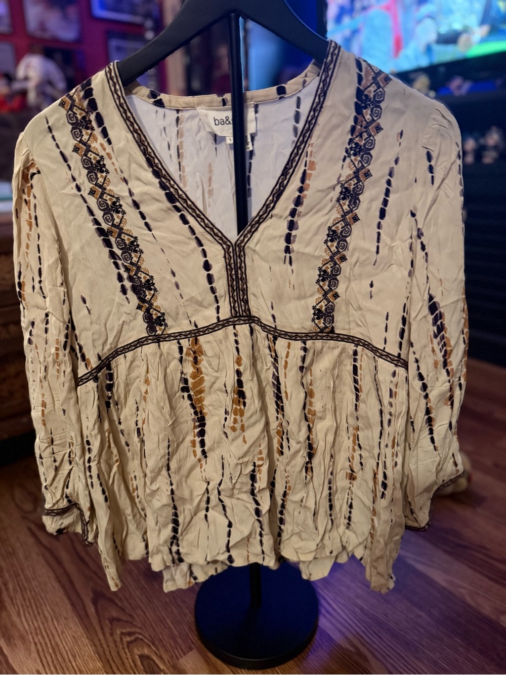 ba&sh Cream Embroidered V-Neck Tunic with Navy and Tan Accents